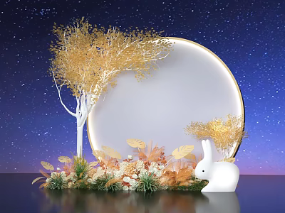 Starry Sky Background Decor With Golden Leaf Tree White Circular Frame Flowers And White Rabbit 3d model