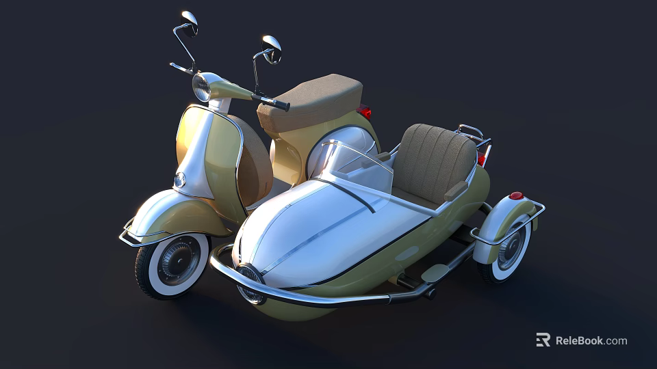 Vintage Golden Motorcycle With Silver Sidecar Brown Seats And Classic Retro Design 3d model 