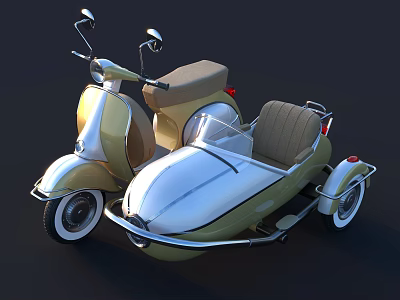 Vintage Golden Motorcycle With Silver Sidecar Brown Seats And Classic Retro Design 3d model