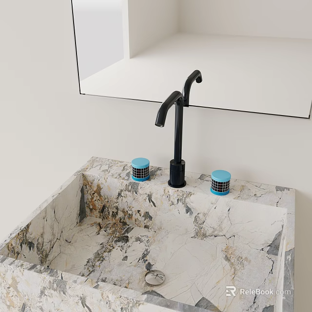 Modern Black Faucet on Elegant Marble Countertop with Two Blue Lidded Containers and Mirror 3d model 