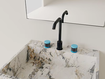 Modern Black Faucet on Elegant Marble Countertop with Two Blue Lidded Containers and Mirror 3d model