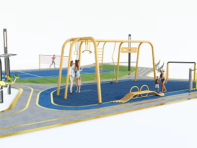 Outdoor Family Fitness Playground With Yellow Metal Climbing Frames Swings And Blue Surface For Kids 3d model