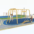 Outdoor Family Fitness Playground With Yellow Metal Climbing Frames Swings And Blue Surface For Kids