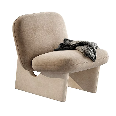 Beige Leisure Chair With Rounded Backrest Geometric Legs And Checkered Blanket 3d model