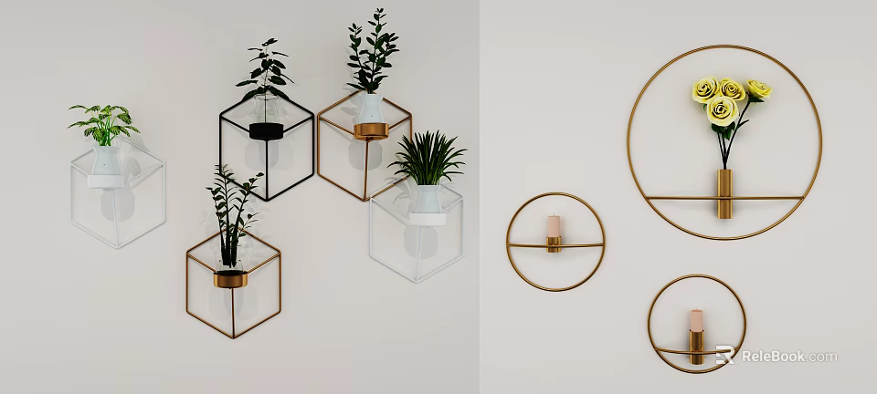 Geometric Wall Decor With Metal Frame Planters Green Plants And Circular Ornaments 3d model 