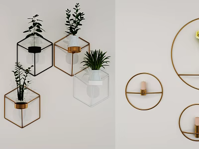 Geometric Wall Decor With Metal Frame Planters Green Plants And Circular Ornaments 3d model