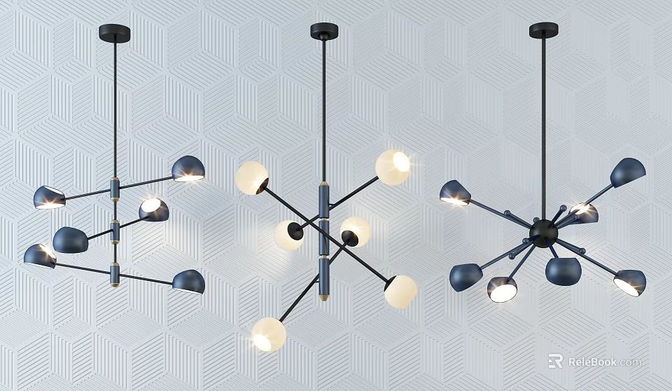 Modern Multi Arm Chandeliers With Spherical Bulbs And Black Metal Frames 3d model 