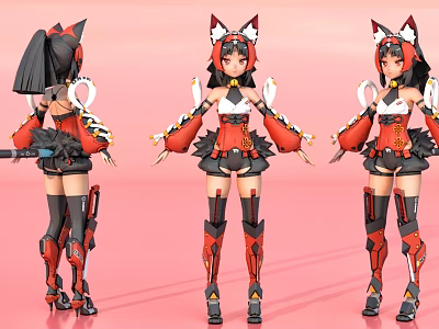 3D Anime Game Character Model with Cat Ears Red Black Outfit Ribbons Thigh High Boots 3d model