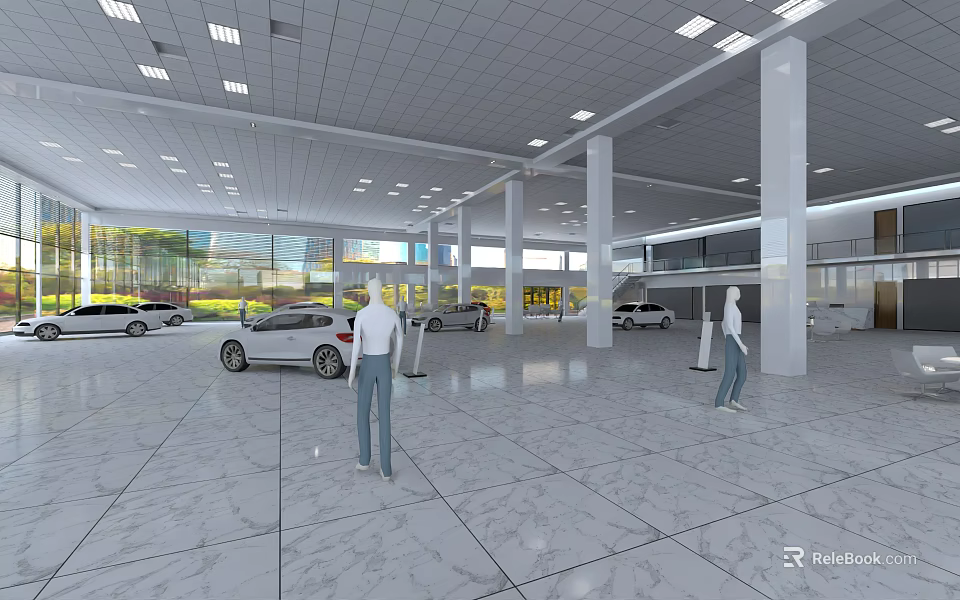 Spacious Automobile 4S Store Showroom With Multiple Cars Bright Lighting And White Tiled Floor 3d model 