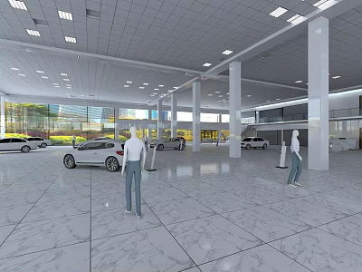 Spacious Automobile 4S Store Showroom With Multiple Cars Bright Lighting And White Tiled Floor 3d model
