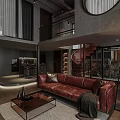 Dark Toned Loft Living Room With Brown Leather Sofa And Spiral Staircase
