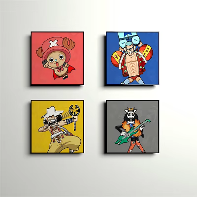 Cartoon Character Paintings with Various Colorful Backgrounds and Anime Style Features Hats Weapons Guitar 3d model