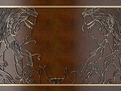 Intricate Carvings of Female Figures on Brown Wooden Surface with Detailed Lines 3d model