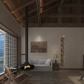 Hotel Guest Room With Wooden Ceiling Large Windows Mountain View Bathtub Fireplace And Sofa