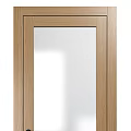 Modern White and Wooden Swing Door with Glass Panel and Black Door Handle Design