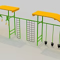 Children's Play Area With Yellow Canopies Green Frames Climbing Net Ladder And Swings