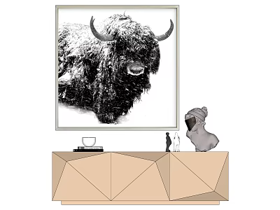 Animal Painting Black and White Yak Hanging on Wall Above Cabinet with Decorative Statue 3d model