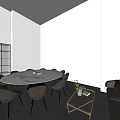Modern Display Space With Circular Stand Laptop Curved White Shelves Gray Walls And Black Floor