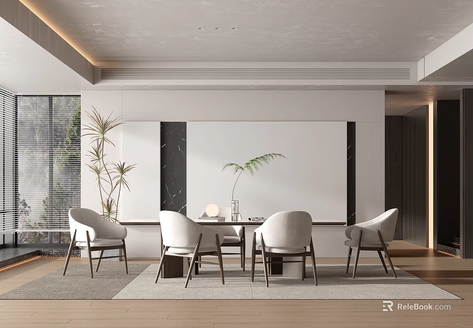 Modern Restaurant Interior With White Dining Table Comfortable Chairs And Green Plants 3d model