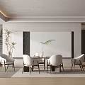 Modern Restaurant Interior With White Dining Table Comfortable Chairs And Green Plants 3d model