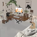 Cozy Bedroom Interior With Wooden Desk Computer Lamp Plants Bookshelf Teddy Bear And Checkered Floor