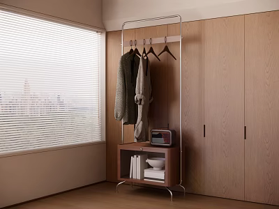 Cozy Modern Interior With Wooden Cabinets Clothes Rack Window Blinds Small Table Radio Books 3d model