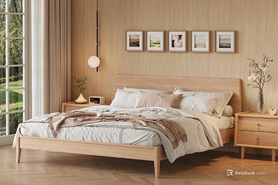 Modern Bedroom Interior With Wooden Bed White Bedding And Framed Artworks 3d model 