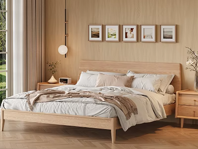 Modern Bedroom Interior With Wooden Bed White Bedding And Framed Artworks 3d model