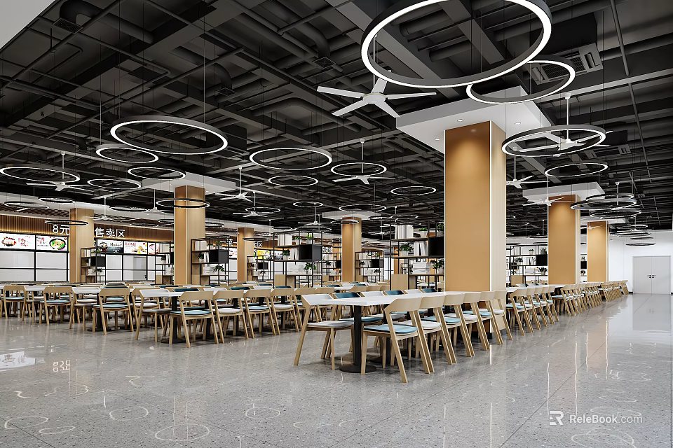 Modern Restaurant Interior With Circular Pendant Lights Dining Tables And Wooden Chairs 3d model 