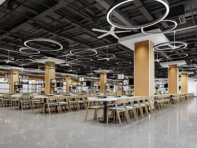 Modern Restaurant Interior With Circular Pendant Lights Dining Tables And Wooden Chairs 3d model