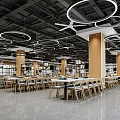 Modern Restaurant Interior With Circular Pendant Lights Dining Tables And Wooden Chairs