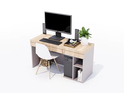 Modern Office Desk With Monitor Keyboard Mouse Plant And White Chair 3d model