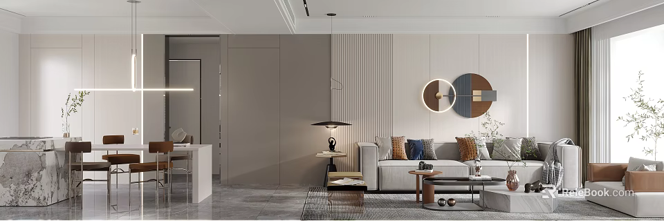Modern Living Dining Room Interior Design With Sofa Coffee Table And Striped Wall Lighting 3d model 