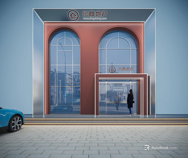 Xinli Real Estate Facade With Red Exterior Arched Windows Glass Door Person And Blue Car 3d model 