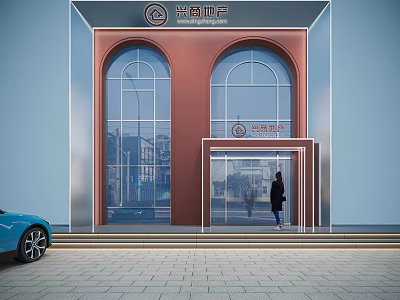 Xinli Real Estate Facade With Red Exterior Arched Windows Glass Door Person And Blue Car 3d model