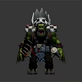 Fantasy Orc Game Character With Green Skin Spiked Helmet And Armored Body Clutching Sharp Weapon