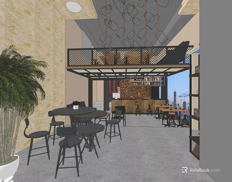 Two Level Open Restaurant Interior With Tables Chairs Palm Plant Shelves And City View 3d model 
