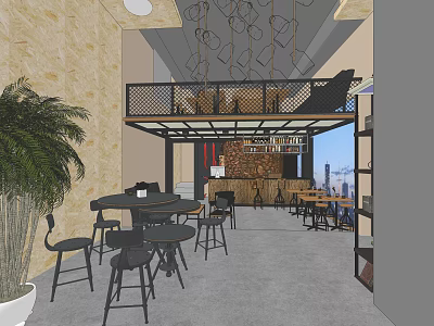 Two Level Open Restaurant Interior With Tables Chairs Palm Plant Shelves And City View 3d model