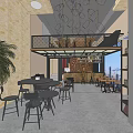 Two Level Open Restaurant Interior With Tables Chairs Palm Plant Shelves And City View