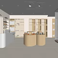 Modern Mall Store Interior With Curved Reception Desk Wooden Shelves Soft Lighting And Product Displays