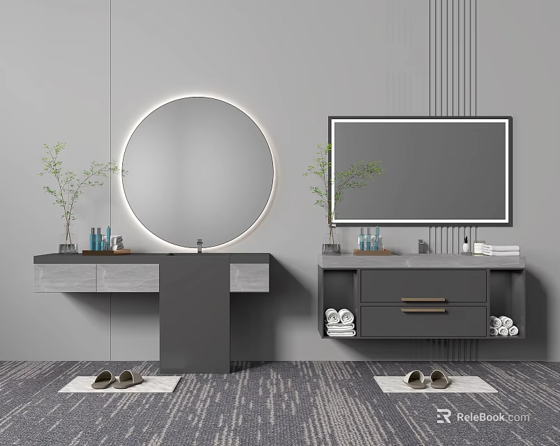 Modern Bathroom Vanity With Round Backlit Mirror Square Mirror Storage Drawers And Decorative Plants 3d model 