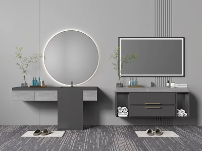 Modern Bathroom Vanity With Round Backlit Mirror Square Mirror Storage Drawers And Decorative Plants 3d model