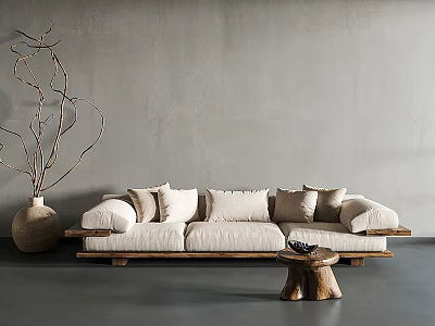 Beige Three Seater Sofa With Wooden Base Plush Pillows And Small Wooden Coffee Table 3d model