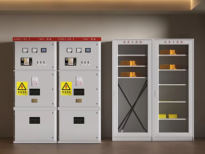 Industrial Equipment Control Cabinets With Warning Signs And Glass Door Storage Units 3d model
