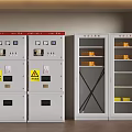 Industrial Equipment Control Cabinets With Warning Signs And Glass Door Storage Units