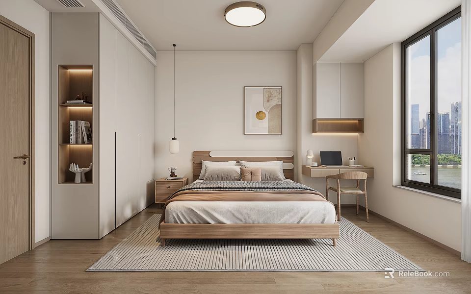 Minimalist Bedroom Interior Design With Wooden Bed Hanging Lamp Wardrobe Desk And City View Window 3d model 