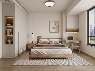 Minimalist Bedroom Interior Design With Wooden Bed Hanging Lamp Wardrobe Desk And City View Window 3d model