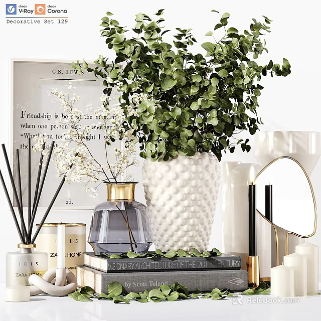 Stylish Decorative Ornament Combination with Green Plant White Vase Fragrance Diffuser Candles and Books 3d model 