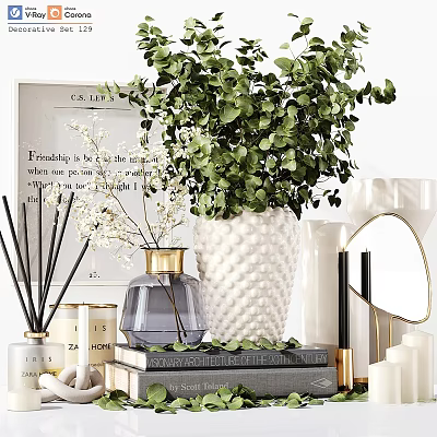 Stylish Decorative Ornament Combination with Green Plant White Vase Fragrance Diffuser Candles and Books 3d model