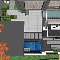 Courtyard Garden Featuring Blue Pool Stone Patio Pergola Outdoor Seating Flower Beds And Colorful Trees